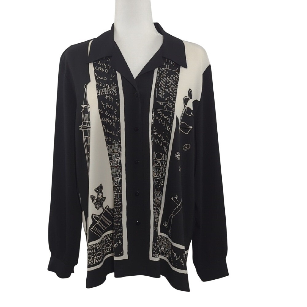 Vintage 90's TanJay Black and White Women's Blouse 14 Artsy Art to Wear Abstract